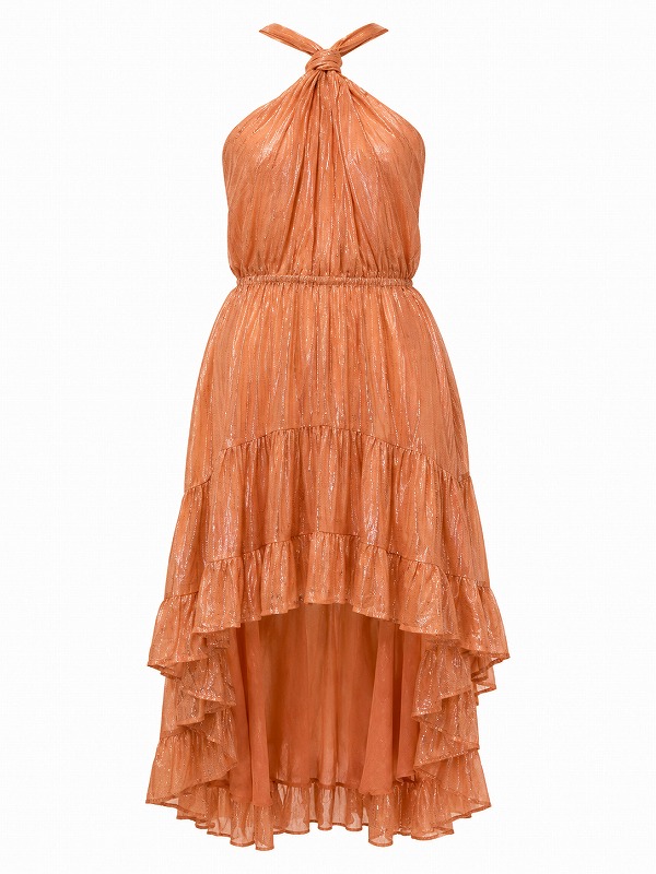 【新品DRESS 2763】メタリックホルターネックロングテールフレアミディアムドレス オレンジ【sundress】